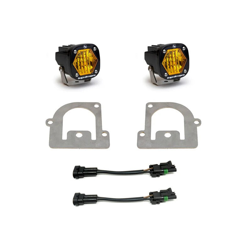 Baja Designs S1 amber LED light pods with vehicle-specific mounting brackets for 2021-2026 Ford Bronco Sport.