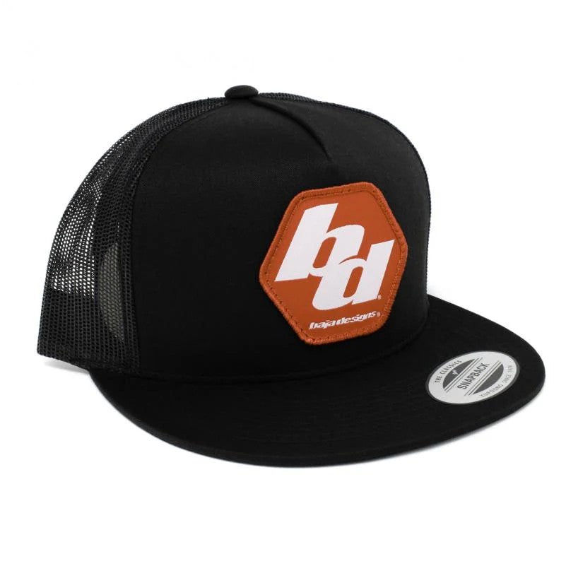 Black Baja Designs Flexfit trucker hat with embroidered logo and mesh rear panels