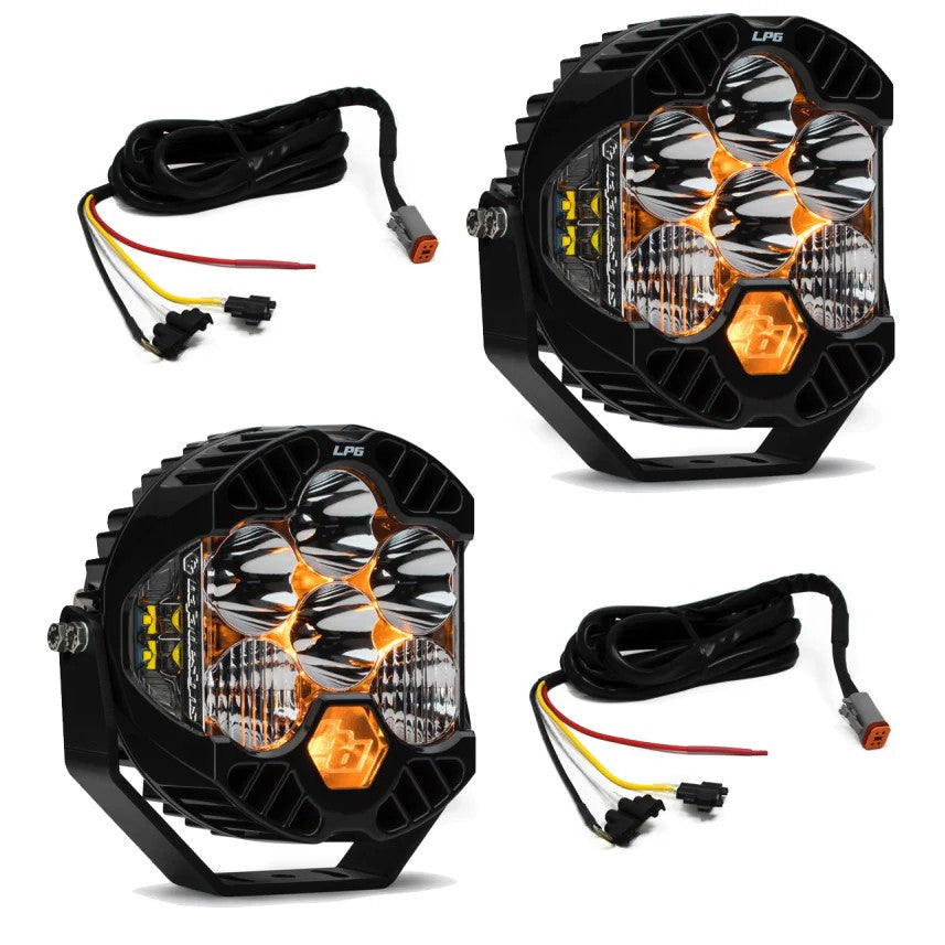 Baja Designs LP6 LED light kit with mounting brackets for Jeep Wrangler and Gladiator Rubicon steel bumpers.