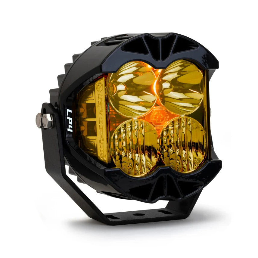 Single Baja Designs LP4 Pro amber LED auxiliary light with black aluminum housing and side-facing IPT optics.