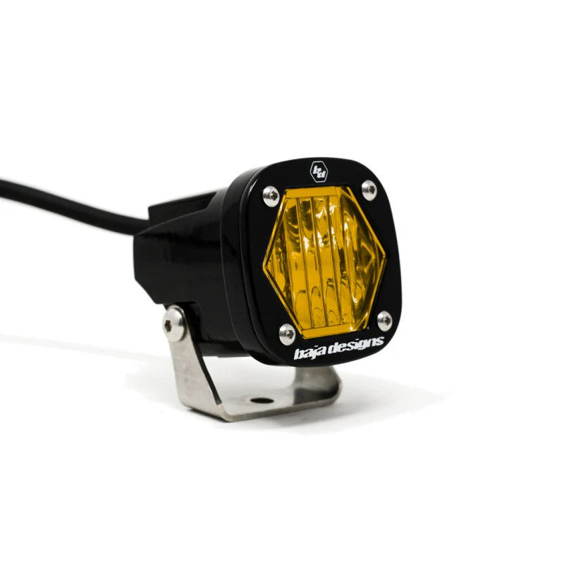 Baja Designs S1 square amber LED light pod with wide cornering lens and stainless steel mounting bracket.
