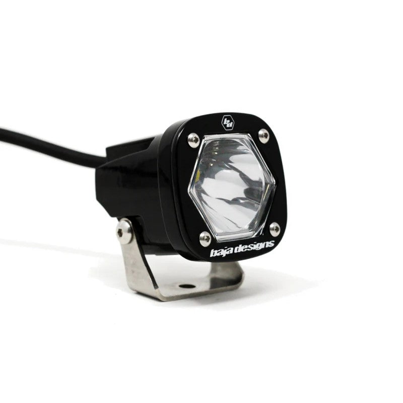 Baja Designs S1 single LED light pod featuring a spot beam lens and stainless steel mounting bracket.