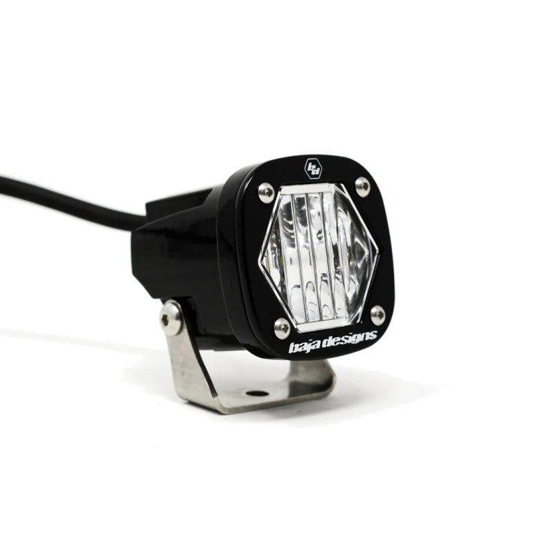 Baja Designs S1 wide cornering LED light pod with clear faceted lens and black mounting bracket