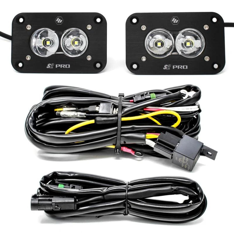 Pair of black Baja Designs S2 Pro flush-mount LED pods with Work/Scene pattern lenses and installation hardware.