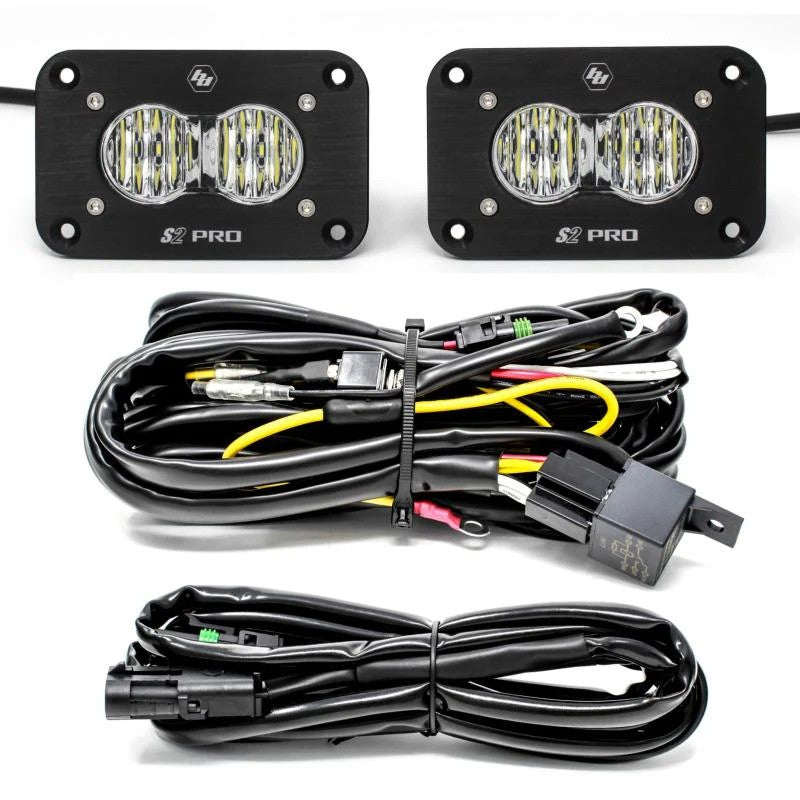 Pair of black Baja Designs S2 Pro LED pods with flush mount bezels and wide cornering optics.