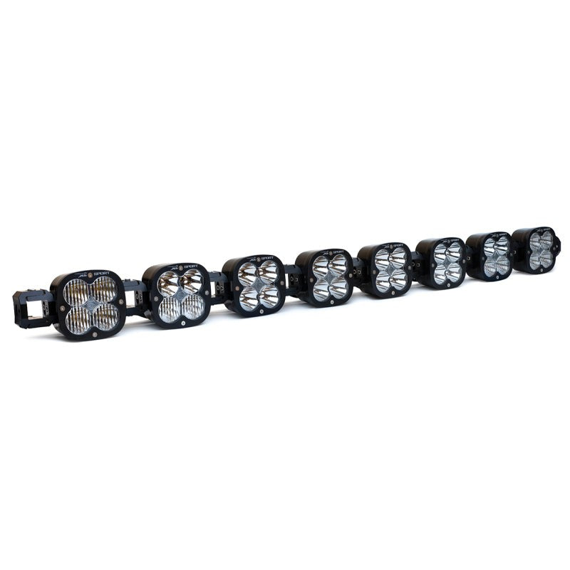 Baja Designs 8-unit XL Linkable LED light bar system with clear lenses and black modular mounting brackets.