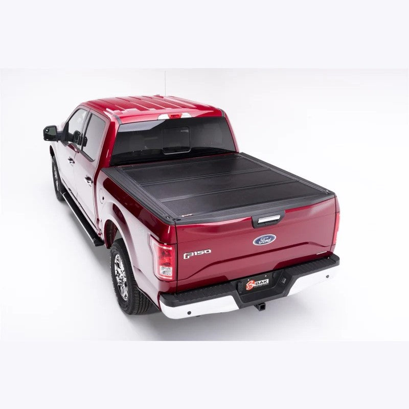 BAK BAKFlip F1 fiberglass reinforced polymer hard folding tonneau cover installed on a 2015-2020 Ford F-150 short bed.