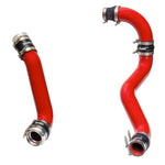 Banks Power red 3.5-inch mandrel-bent boost tubes with black 5-ply silicone couplers and billet adapters.