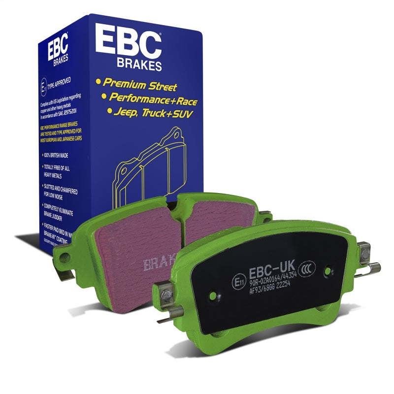 EBC Greenstuff 2000 Series rear brake pads featuring green friction material and black backing plates