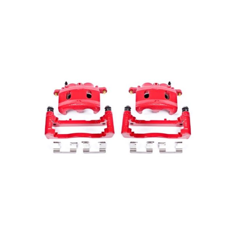 A pair of red powder-coated Power Stop front brake calipers with mounting brackets and stainless steel hardware.