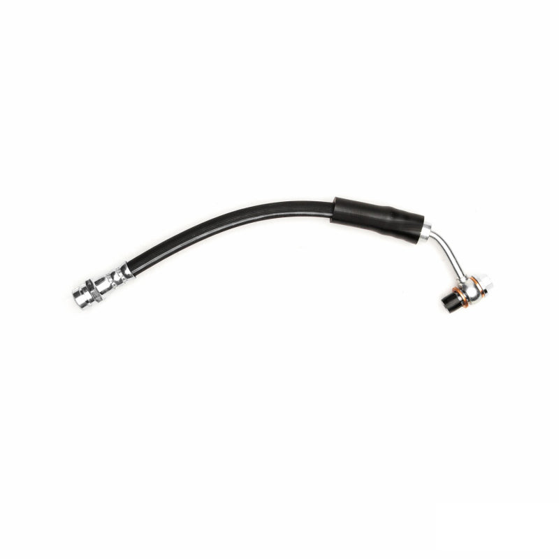 DFC automotive rear brake hose showing flexible black rubber line and silver zinc-plated hydraulic fittings