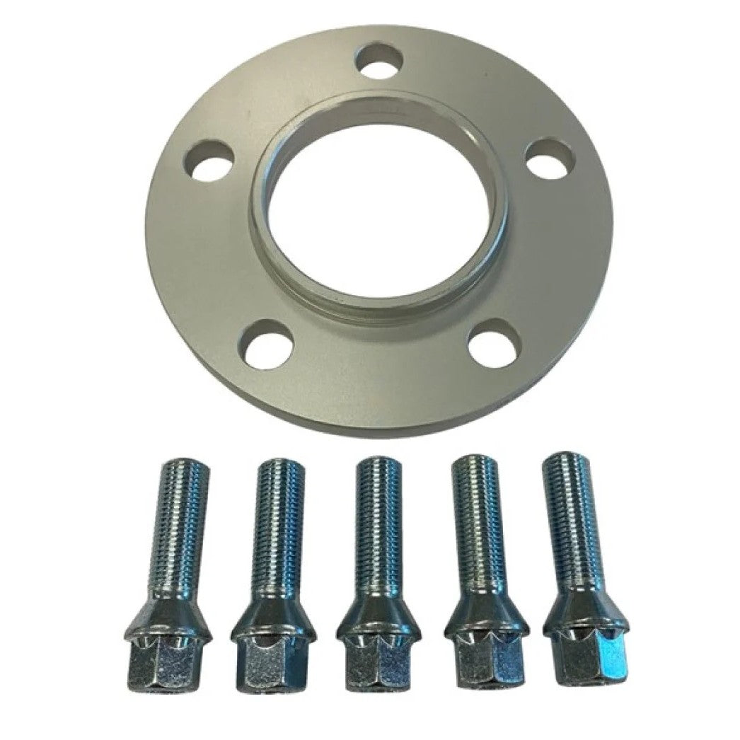 Single BBS 10mm hub-centric wheel spacer with five silver M14x1.5 extended lug bolts for Audi fitment.