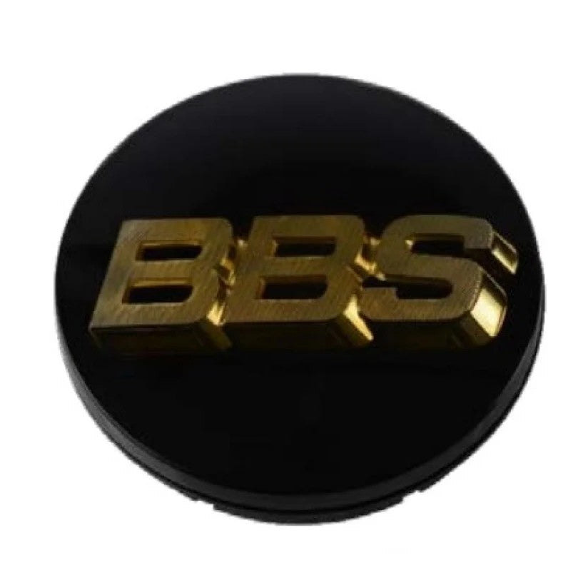 Genuine BBS 56mm center cap with a 3D gold logo on a black face, part number 56.24.002G.