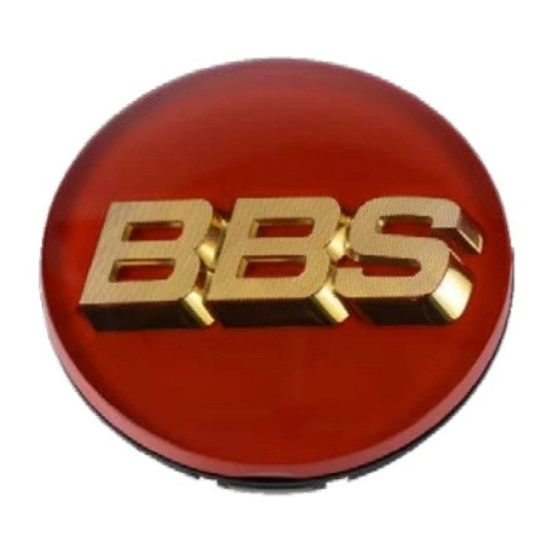 BBS 56mm wheel center cap with a red background and gold 3D BBS logo