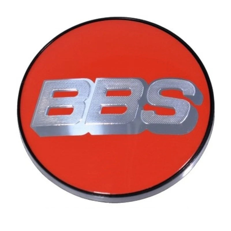 Red BBS wheel center cap with silver logo featuring a 70.6mm diameter and 5-tab clip-on mounting system.