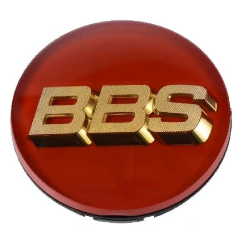 Genuine 70mm BBS center cap featuring a red face with a gold 3D logo and a 4-tab snap-in mounting system.