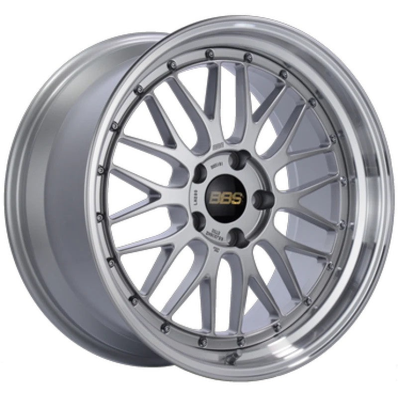 BBS LM 2-piece forged wheel in Diamond Silver with machined lip, 20x10.5 size and mesh design.