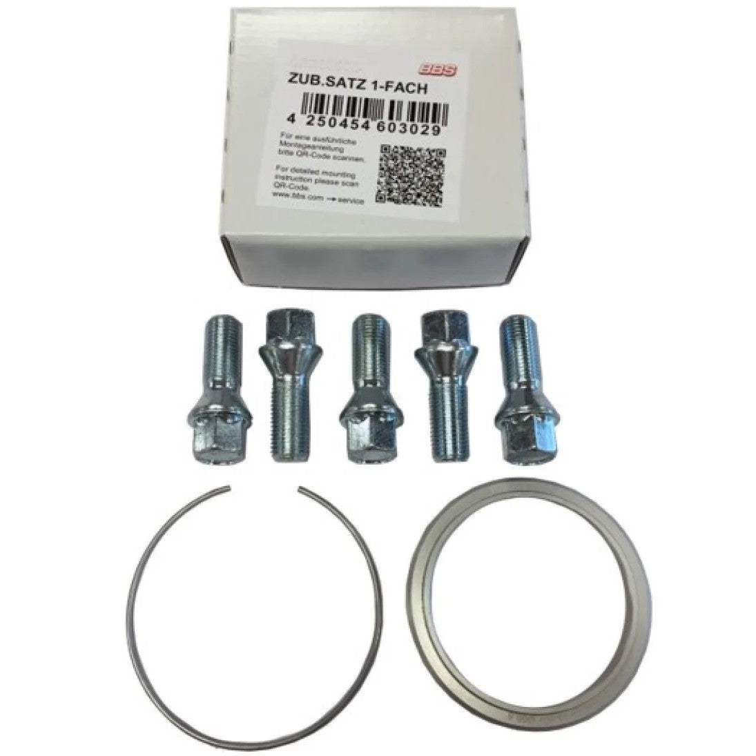 BBS PFS wheel mounting kit featuring 82mm to 57mm hub centric rings, retaining clips, and matching lug bolts.