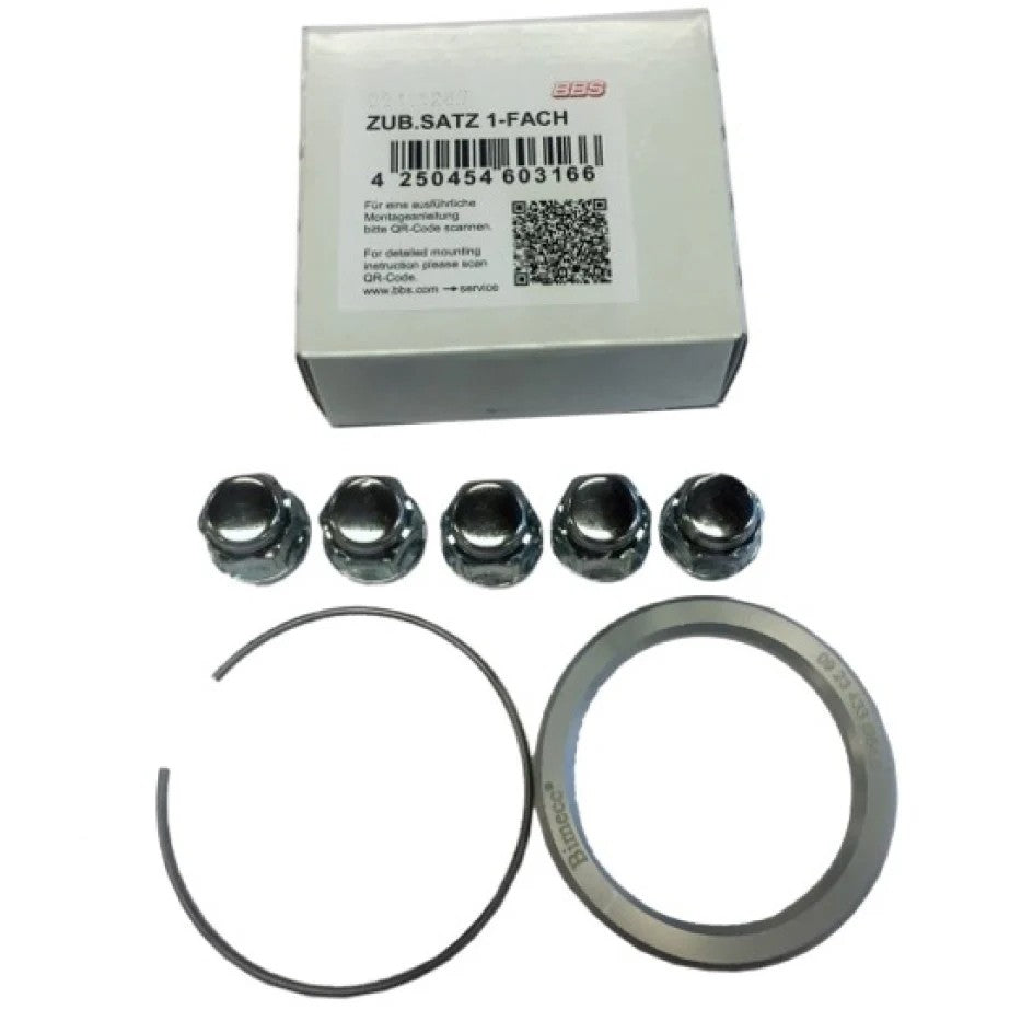 BBS PFS hardware kit featuring hub-centric adapter rings, retaining clips, and a set of lug nuts for Subaru 5x114.3.