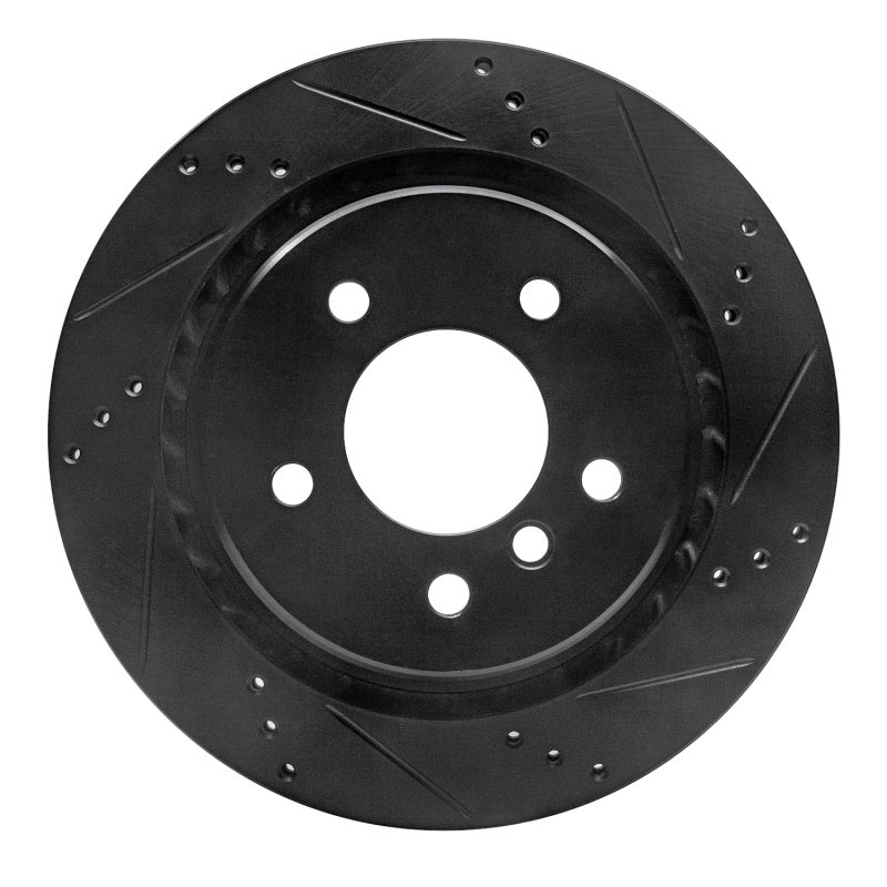 Left rear drilled and slotted brake rotor with black protective coating for 1995-2002 BMW M3 and Z3 models.
