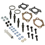 BD Diesel turbocharger installation kit including gaskets, O-rings, mounting bolts, and downpipe studs for 3.5L EcoBoost.