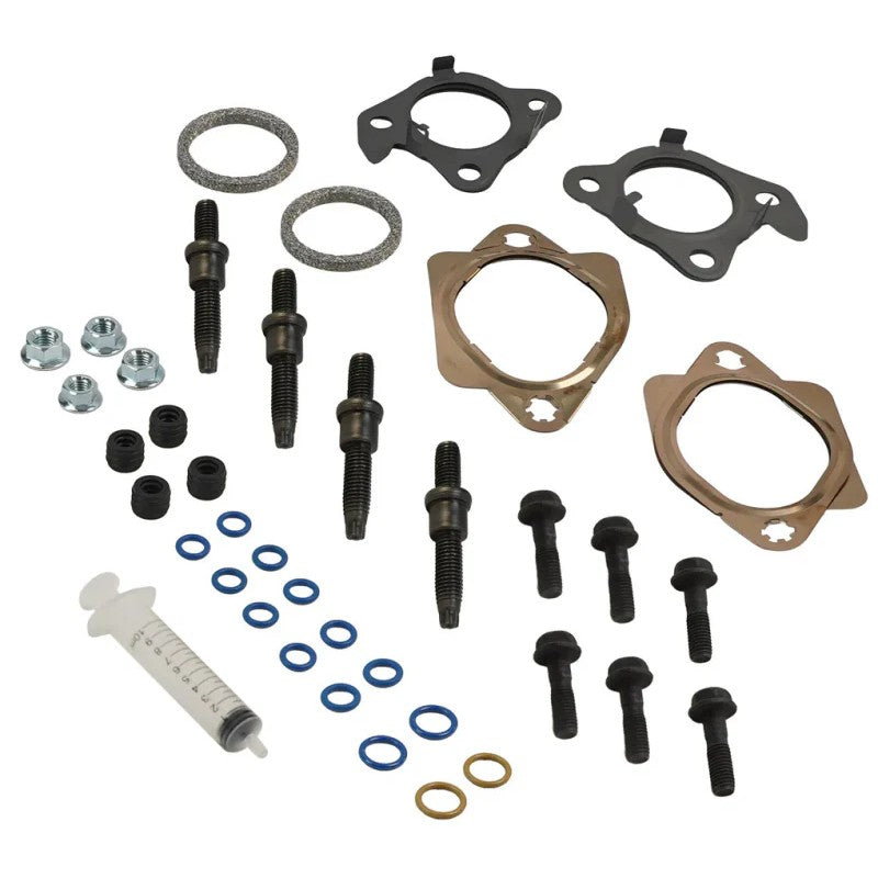 BD Diesel turbocharger installation kit including gaskets, O-rings, mounting bolts, and downpipe studs for 3.5L EcoBoost.