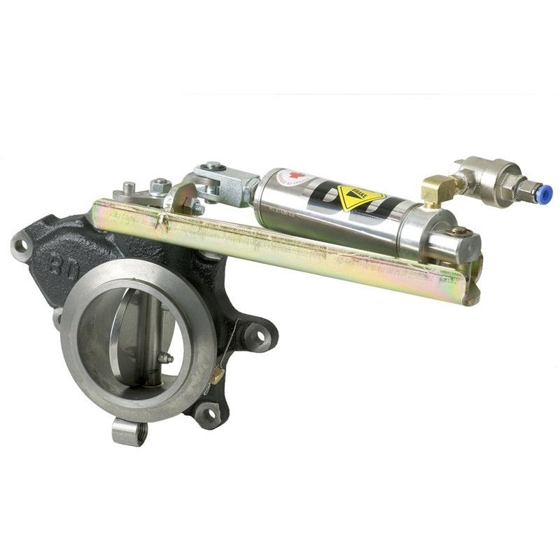 BD Diesel turbo-mount cast-iron exhaust brake with air cylinder and stainless steel mounting hardware for Ford 7.3L.