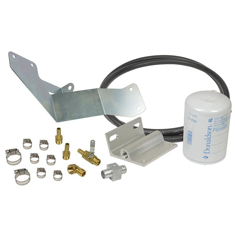 BD Diesel coolant filter kit with spin-on filter, black hoses, mounting bracket, and hardware for Ford 6.0L.