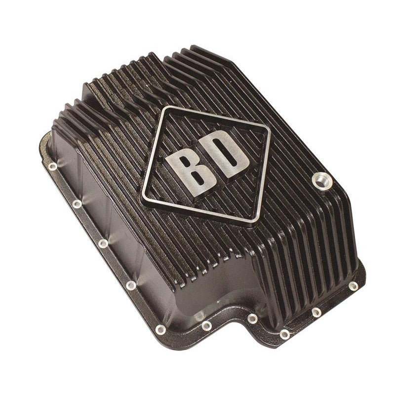 BD Diesel 356T6 cast aluminum deep sump transmission pan with cooling fins and magnetic drain plug