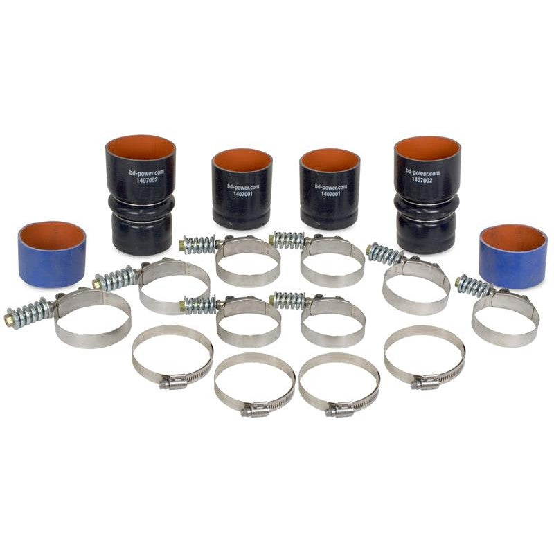 BD Diesel blue Nomex intercooler hoses and stainless steel spring-loaded T-bar clamps for 1999-2003 Ford 7.3L PowerStroke.
