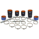 BD Diesel blue Nomex intercooler hoses and stainless steel spring-loaded T-bar clamps for 1999-2003 Ford 7.3L PowerStroke.