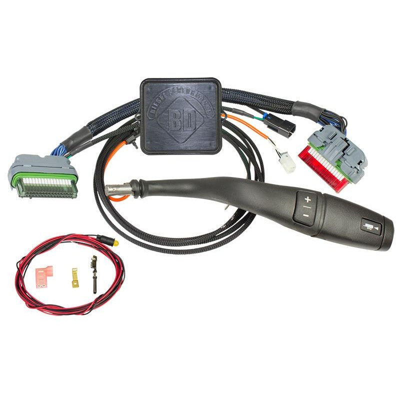 BD Diesel TapShifter kit with OE style shift lever, digital gear display, and wiring harness for Ford Super Duty trucks.