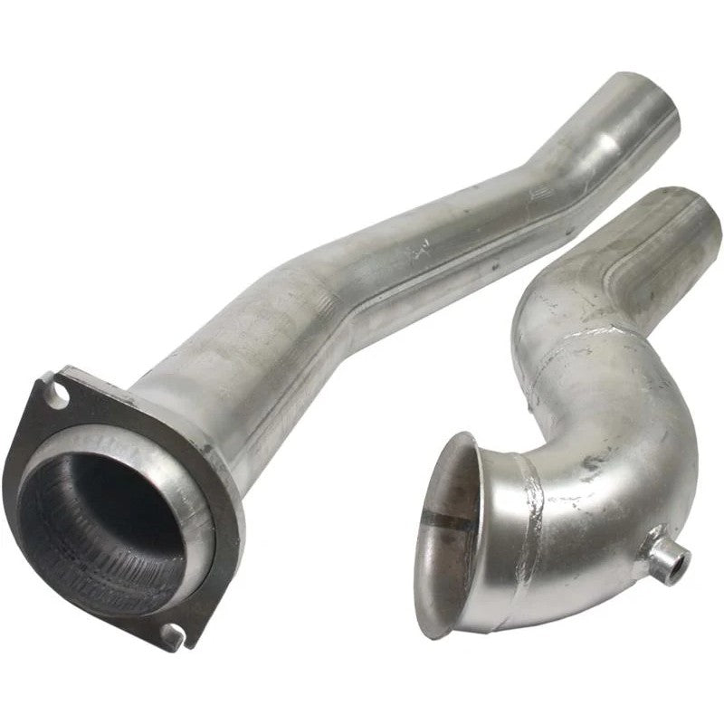 BD Diesel 4-inch aluminized steel downpipe for S400 turbochargers with Marmon flange and V-band clamps.