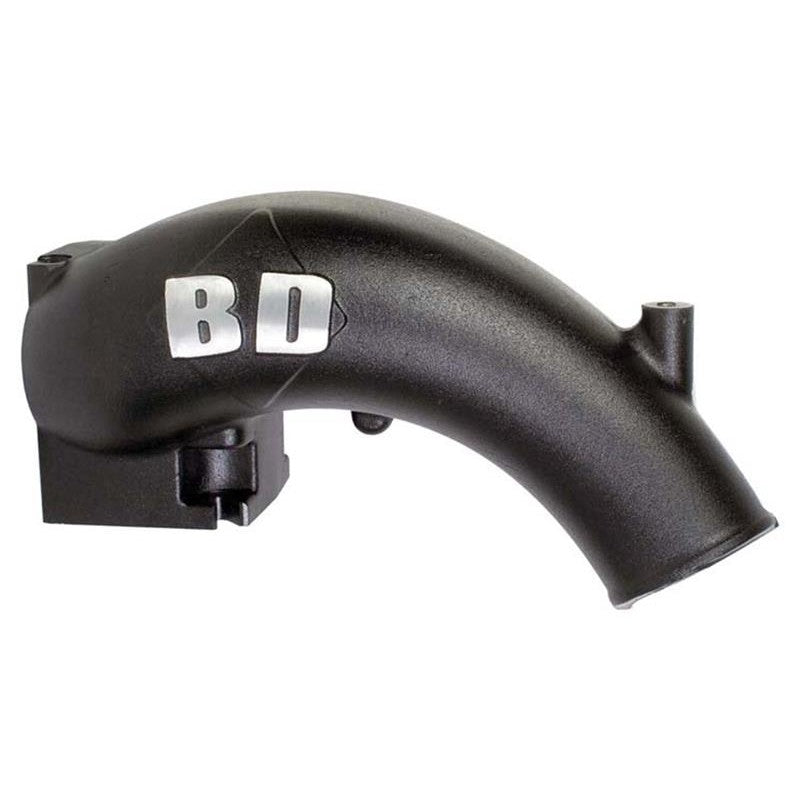 Black powder coated BD Diesel X-Flow Power Intake Elbow for 1998-2002 Dodge Ram 5.9L Cummins engines.