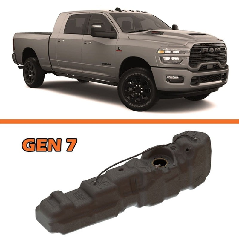 Titan Gen 7 XXL 50-gallon high-density polyethylene mid-ship fuel tank with black galvanized steel mounting straps.