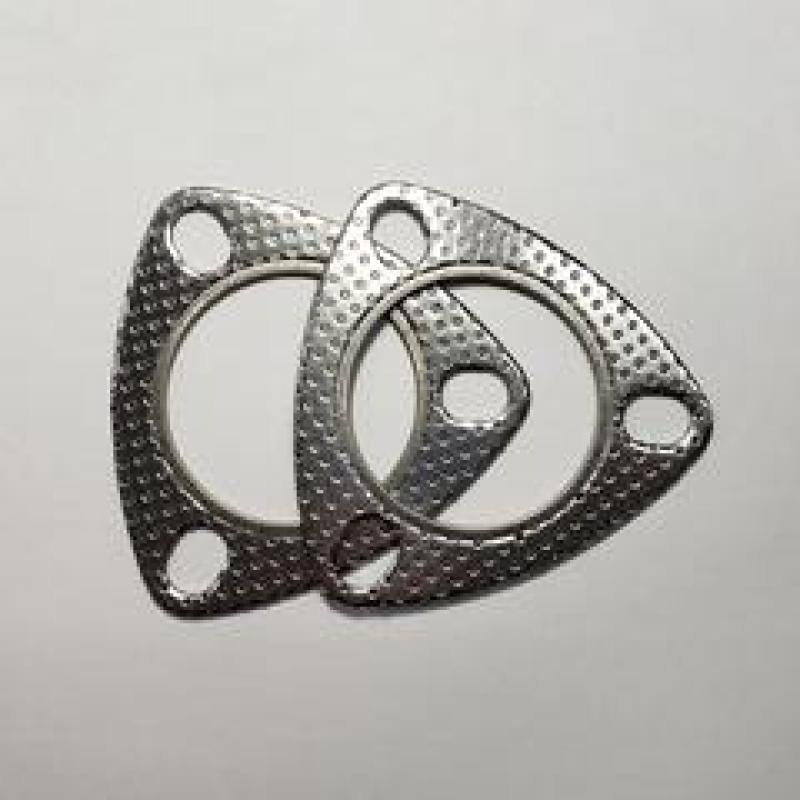 A pair of Ticon Industries 2.25 inch 3-bolt multi-layer steel (MLS) exhaust gaskets.