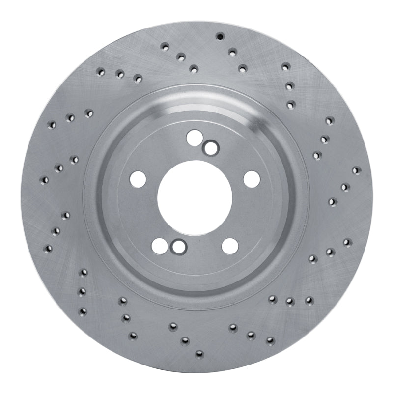 DFC right rear drilled brake rotor for BMW M2, M3, and M4 featuring a non-directional finish and G3000 iron construction.