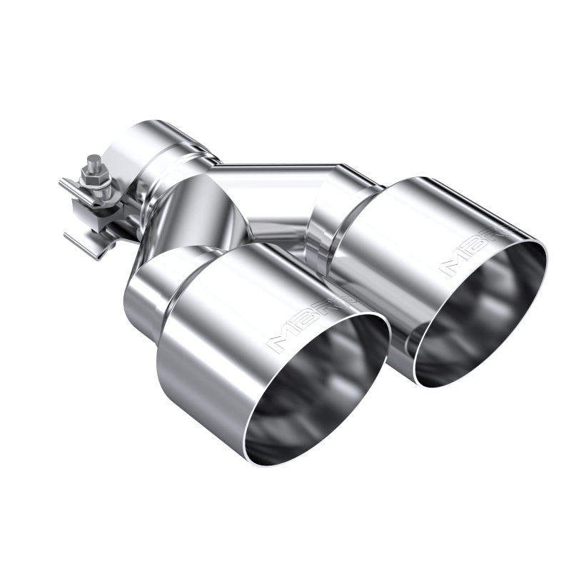 MBRP dual exhaust tip in black coated T304 stainless steel with a 2.5-inch inlet and 4-inch dual outlets.