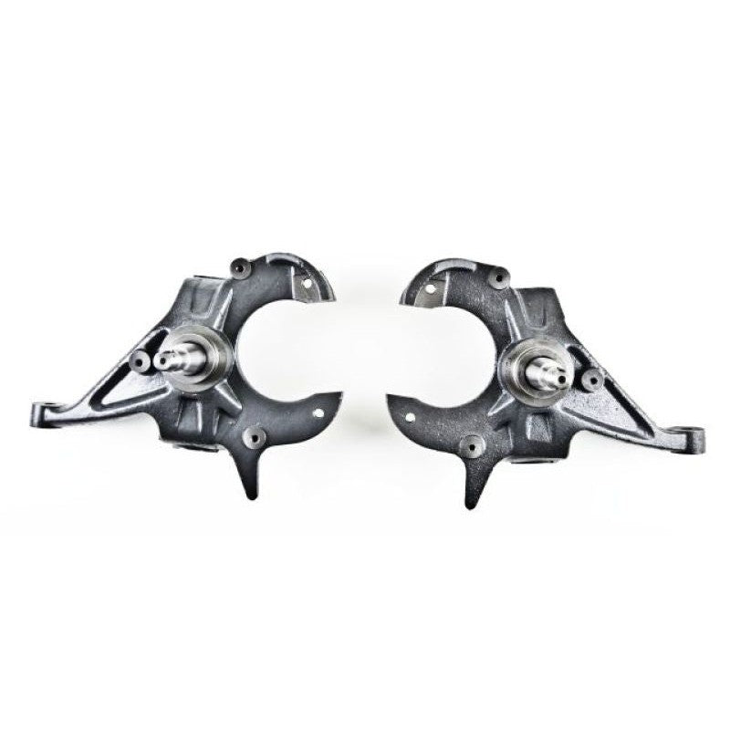 Pair of Belltech black powder-coated 2-inch drop spindles for GM S-series and G-body vehicles.