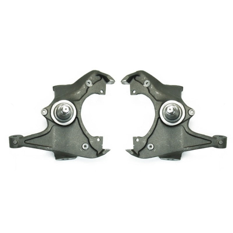 Belltech 3-inch lowering drop spindle set in black powder-coated ductile iron for 1989-2000 GM trucks.