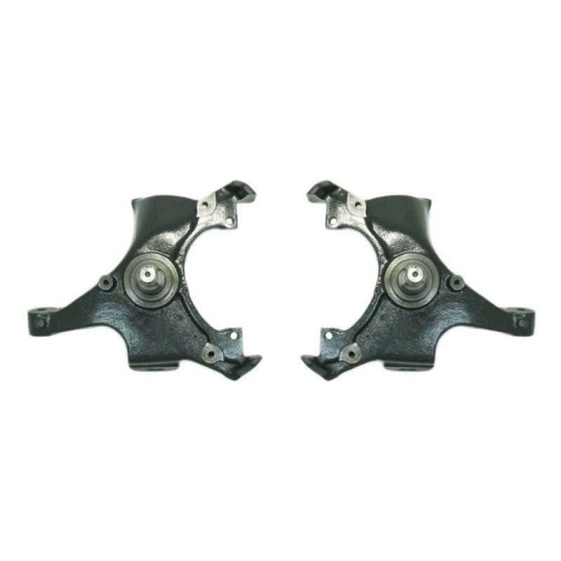 Black powder-coated Belltech CNC-machined ductile iron 2-inch drop spindles for B-body GM vehicles.