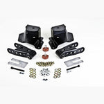 Belltech 6418 black powder-coated steel front leaf spring hangers with Grade 8 mounting hardware and polymer bump stops.