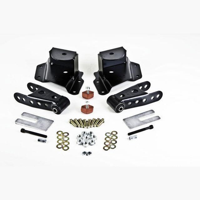 Belltech 6418 black powder-coated steel front leaf spring hangers with Grade 8 mounting hardware and polymer bump stops.