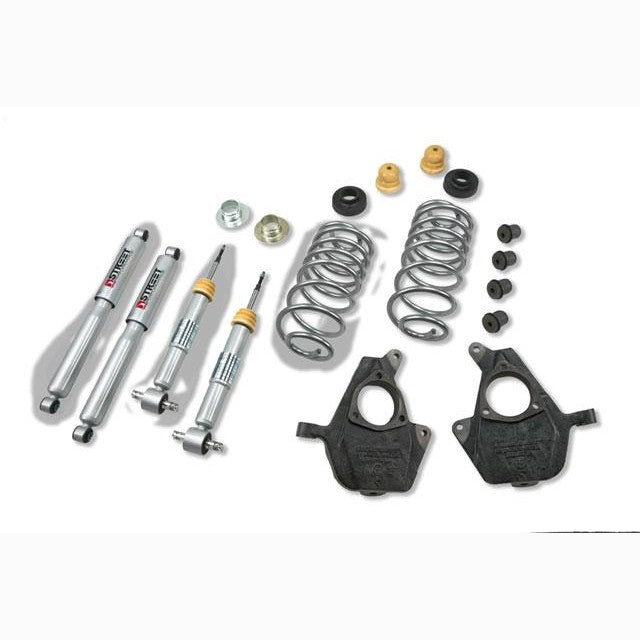 Belltech 739SP Street Performance lowering kit components including shock absorbers, springs, and Grade 8 hardware.