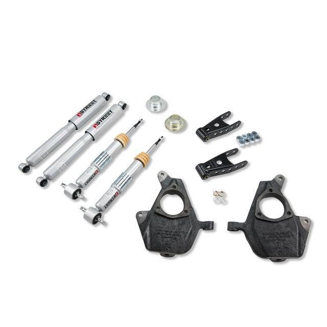 Belltech Street Performance lowering kit components including shocks, lowering hardware, and Grade 8 mounting fasteners.