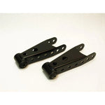 Belltech 6403 black powder-coated 3-inch lowering shackles with vulcanized rubber bushings.