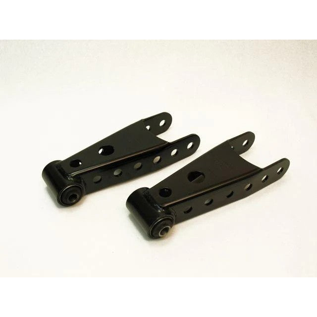 Belltech 6403 black powder-coated 3-inch lowering shackles with vulcanized rubber bushings.