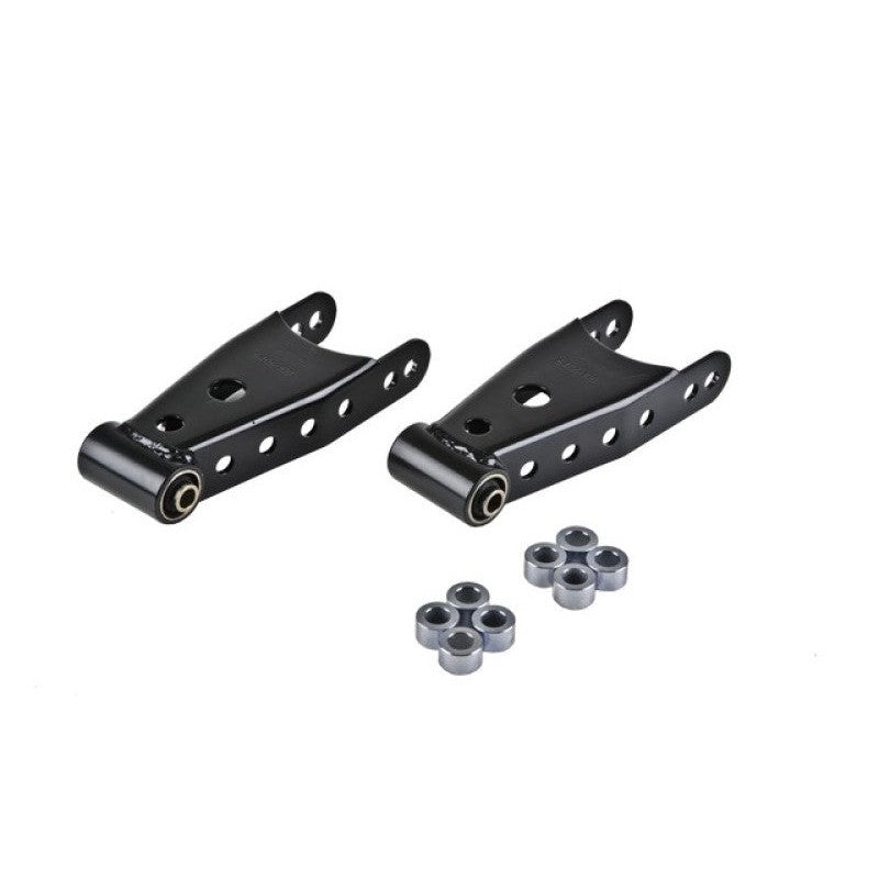 Belltech 6409 powder-coated stamped steel lowering shackles with vulcanized rubber bushings for 2004-2013 Ford F-150 4WD.