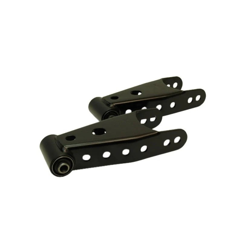 Belltech 6590 black powder-coated 2-inch rear lowering shackles with vulcanized rubber bushings for Dodge Ram 2500/3500.