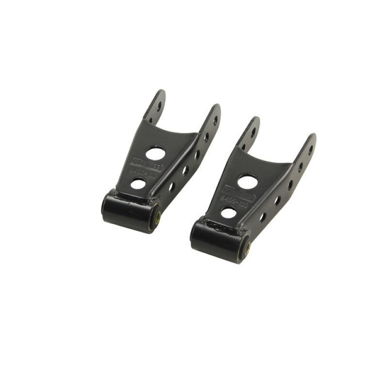 Belltech 6400 powder-coated stamped steel rear lowering shackles with vulcanized rubber bushings